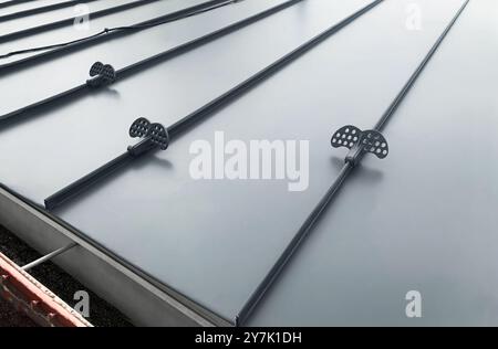 Primo piano del tetto posteriore della casa con cuciture e dispositivi di fissaggio. Moderna lamiera di copertura in acciaio zincato con nervature. Pannello in metallo grigio in stile classico con Foto Stock