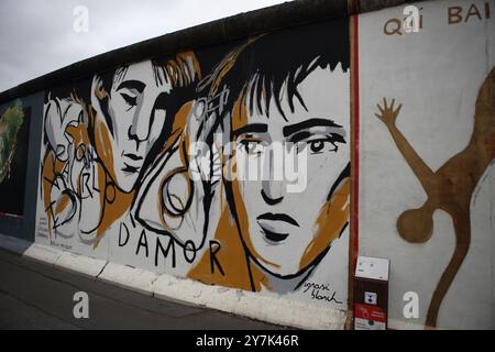 Graffiti raffiguranti questioni politiche, ambientali e sociali viste sul muro di Berlino costruito dai tedeschi dell'Est nel 1961 per circondare Berlino Ovest. Foto Stock