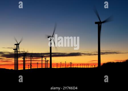 Mulini a vento al tramonto a la Lancha, provincia di Ávila. Foto Stock