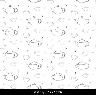 Le graziose tazze della linea sfoggiano motivi senza cuciture e clip art. Consistenza disegnata a mano con caffè e tazza da tè. Design moderno per gli amanti del tè. Illustrazione Vettoriale
