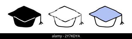 Set di icone dei berretti graduati con illustrazione colorata, silhouette nera e contorno nero, isolate su sfondo bianco. Concetto di istruzione, Illustrazione Vettoriale