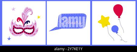 Biglietti per il buon anno in stile piatto. Bollature, lettere e maschera. Illustrazioni vettoriali piatte. Illustrazione Vettoriale