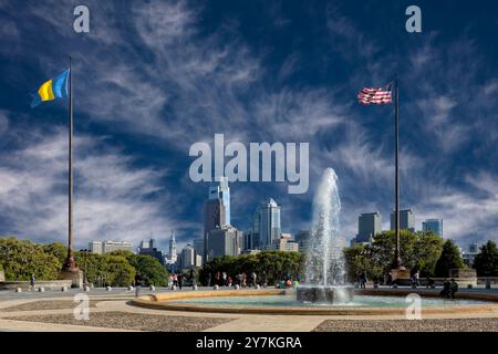 Vista del centro cittadino di Philadelphia e dalle fasi di il Museo d Arte Foto Stock