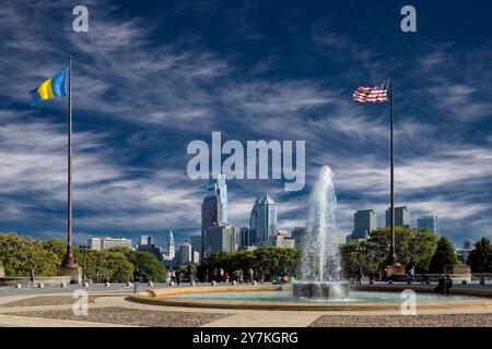 Vista del centro cittadino di Philadelphia e dalle fasi di il Museo d Arte Foto Stock