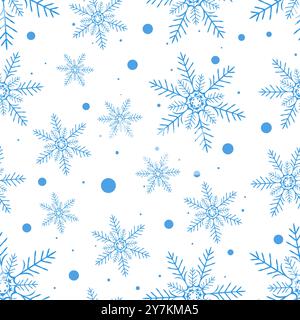 Fiocchi di neve blu di varie dimensioni disposte su uno sfondo bianco con un motivo senza cuciture. Il design ha un concetto festivo e invernale. Vettore Illustrazione Vettoriale