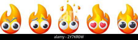 Simpatiche icone emotive spara in 3D. Le fiamme rosse sono rivolte con gli occhi. Fuoco in amore sorpreso arrabbiato triste. Emozioni diverse, i cartoni animati rendono il vettore realistico Illustrazione Vettoriale