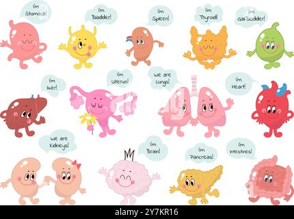 Carini organi umani. Organo interno cartoni animati diverso con volti ed emozioni. Personaggi di informazioni mediche infantili, divertenti mascotte nowaday vettoriale set Illustrazione Vettoriale