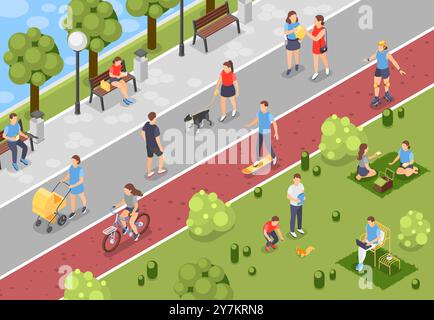 Attività del parco cittadino isometrico. Persone che camminano all'aperto, cavalcano in bicicletta, leggono sulla panchina e fanno un picnic. Attività ricreative nel fine settimana, scena vettoriale impeccabile Illustrazione Vettoriale