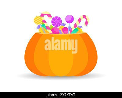 Zucca di Halloween con caramelle e lecca lecca. Jack o lanterna piena di caramelle per le delizie di Halloween. Design per la stampa di striscioni, poster e holida Illustrazione Vettoriale