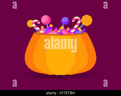 Zucca di Halloween con caramelle e lecca lecca. Jack o lanterna piena di caramelle per le delizie di Halloween. Design per la stampa di striscioni, poster e holida Illustrazione Vettoriale