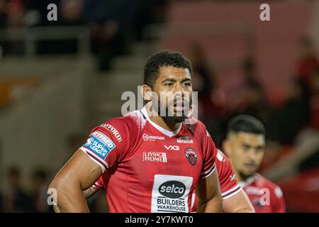 Kallum Watkins gioca per i Salford Red Devils nei play-off della Super League contro Leigh al Salford Community Stadium, Salford, Regno Unito, 27.09.2024 Foto Stock