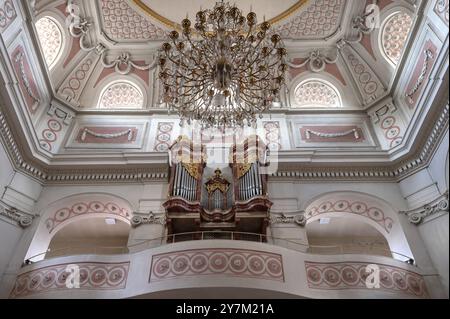 Loft d'organo della chiesa di San Giacomo, costruito nel 1772-1775, Bad Kissingen, bassa Franconia, Baviera, Germania, Europa Foto Stock