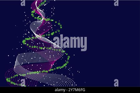 Un albero di Natale astratto con linee colorate e puntini verdi su sfondo blu scuro. L'immagine trasmette un concetto festivo e moderno. Vettore Illustrazione Vettoriale