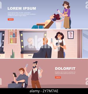 barbieri. parrucchieri e stilisti che lavorano. banner orizzontali vettoriali con spazio per il testo Illustrazione Vettoriale