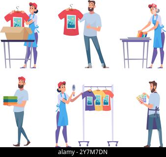 Stampa dello schermo. Serigrafia professionisti del settore tipografico che lavorano con diversi strumenti per lavavetri e montatura a rete per stencil, cartone animato vettoriale esatto Illustrazione Vettoriale