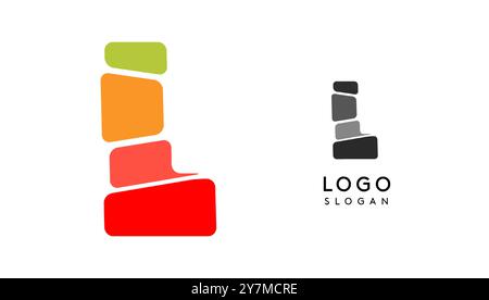 Letter L colorato e luminoso, blocchi a strati come sandwich, bilanciamento della pietra o impilamento di rocce. Moderno monogramma a cartoni animati per libro gioioso per bambini, logo giocattoli divertenti Illustrazione Vettoriale