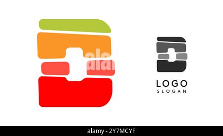 Lettera D colorata e luminosa, blocchi a strati come sandwich, bilanciamento della pietra o impilamento di rocce. Moderno monogramma a cartoni animati per un libro gioioso per bambini, logo divertente. Vettore Illustrazione Vettoriale