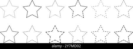 Serie di forme a stella con linee tratteggiate. Figure geometriche tratteggiate isolate su sfondo bianco. Tagliare qui i pittogrammi. Illustrazione del profilo vettoriale. Illustrazione Vettoriale