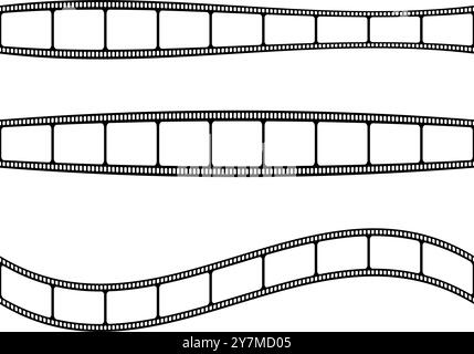 Set di strisce di pellicola curve e ondulate vuote. Nastri per filmati o fotocamere isolati su sfondo bianco. Layout storyboard. Cornici vintage per collage fotografico. Illustrazione grafica vettoriale. Illustrazione Vettoriale
