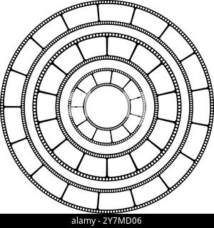 Diversi telai rotondi con strisce di pellicola come bordo. Nastri per filmati o fotocamere di forma circolare. Layout storyboard. Photographies modelli di collage. Illustrazione grafica vettoriale. Illustrazione Vettoriale