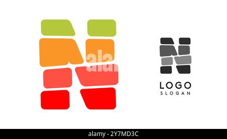 Lettera N colorata e luminosa, blocchi a strati come sandwich, bilanciamento della pietra o impilamento di rocce. Moderno monogramma a cartoni animati per un libro gioioso per bambini, logo divertente. Vettore Illustrazione Vettoriale