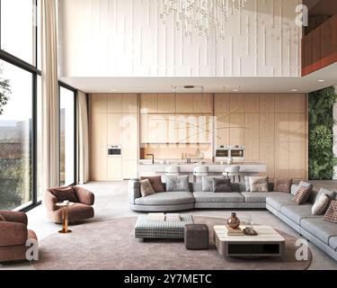 Soggiorno moderno e lussuoso con cucina a vista inondata di luce naturale, rendering 3d. Foto Stock