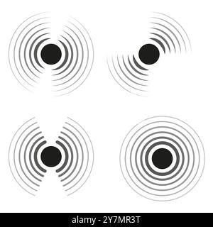 Serie di campiture radiali. Forme concentriche circolari. Linee astratte vettoriali. Elementi neri e grigi. Illustrazione Vettoriale