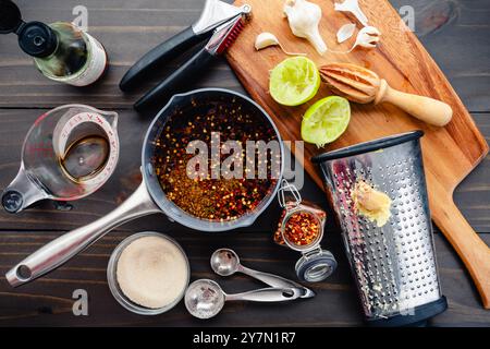 Glassa in salsa di pesce Prep in una pentola piccola: Utensili da cucina per preparare la glassa con succo di lime, peperoncino, zenzero grattugiato e aglio sminuzzato Foto Stock