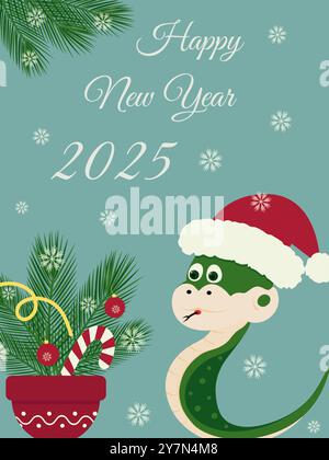 Carino serpente in berretto di Babbo Natale con decorazioni ramoscelli di pino in vaso di fiori e lettere felice anno nuovo 2025. Illustrazione vettoriale saluto o opuscolo, social media, promozioni Web, banner, materiale stampato o Web Illustrazione Vettoriale
