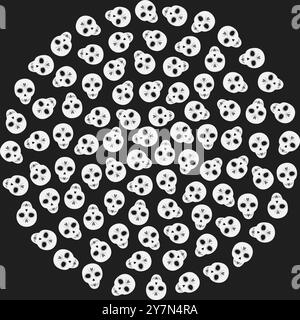 Teschi dipinti texture decorativa rotonda su sfondo in scala di grigi. Il giorno dei morti, il concetto di carta da parati. Illustrazione vettoriale isolata schede tematiche, social media, promo Web, saluto o invito, poster Illustrazione Vettoriale