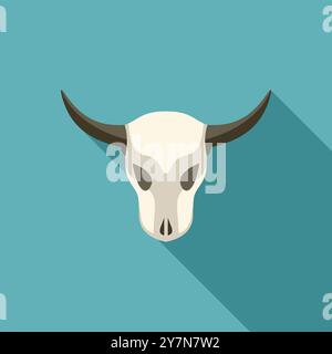 Illustrazione vettoriale minimalista di un cranio con lunghe corna che proiettano un'ombra, in stile piatto Illustrazione Vettoriale