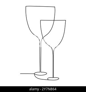 Disegno continuo di una bottiglia di vino e di un bicchiere. Immagine su una linea disegnata a mano di una silhouette. Linea artistica minimalista. Bicchiere di champagne in hu Illustrazione Vettoriale