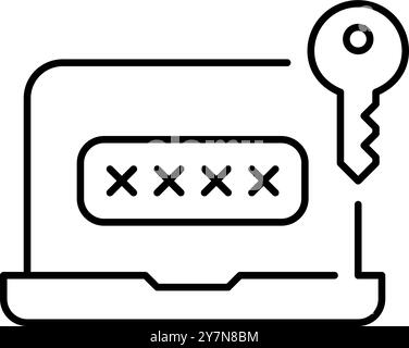 Computer portatile con casella di immissione password e chiave. Accesso sicuro ai dati, accesso utente del computer. Pixel Perfect, icona del vettore di traccia modificabile Illustrazione Vettoriale
