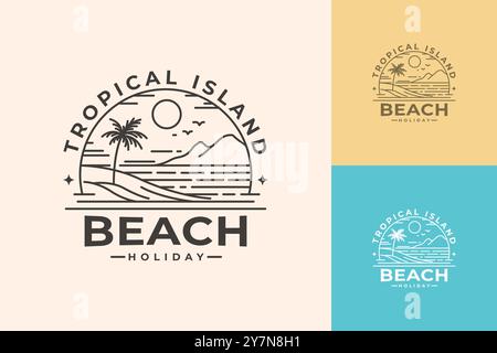Un logo artistico minimalista che presenta una spiaggia tropicale con palme, montagne e un sole. Illustrazione Vettoriale