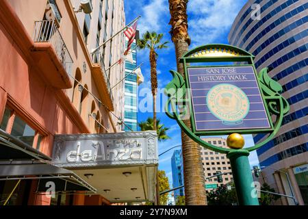 Cartello storico di San Jose vicino allo storico Hotel de Anza - San Jose, California, Stati Uniti - 15 settembre 2024 Foto Stock