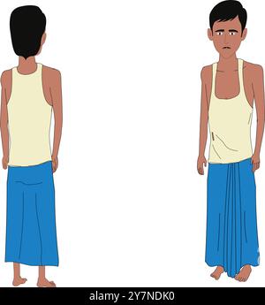 Set di personaggi dei cartoni animati dell'uomo del villaggio indiano. Ragazzo del villaggio in piedi design vettoriale isolato. Foglio modello di carattere maschile scadente Illustrazione Vettoriale