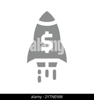 Lancio del razzo con il simbolo del dollaro. Startup finanziaria, nuova icona del vettore aziendale. Illustrazione Vettoriale