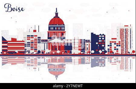 Profilo abstract della città di Boise USA con edifici colorati e riflessi. Illustrazione vettoriale. Paesaggio urbano con punti di riferimento. Illustrazione Vettoriale