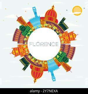 Skyline della città di Firenze con edifici colorati, cielo blu e spazio fotocopie. Illustrazione vettoriale. Illustrazione Vettoriale