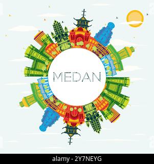 Skyline della città di Medan Indonesia con edifici colorati, cielo blu e spazio per fotocopie. Illustrazione vettoriale. Illustrazione Vettoriale