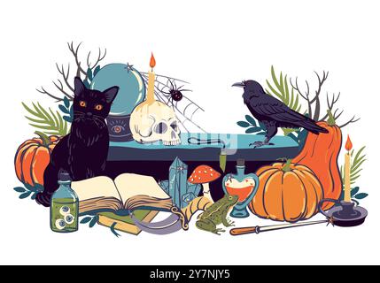 Composizione con oggetti magici, stregoneria, grimoire, pozione, elisir, teschio, palla magica e candeliere, zucca. Familiarità con il gatto stregone, Illustrazione Vettoriale