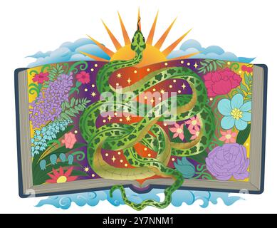 Illustrazione colorata disegnata a mano con libro aperto, fiori e serpente - simbolo dell'anno secondo l'oroscopo orientale. Esoterico, gotico e mistico gr Illustrazione Vettoriale