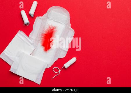 tamponi e tampone donna - tamponi sanitari si trovano accanto a un tampone su uno sfondo isolato su sfondo rosa e viola. Igiene femminile e mestruale p Foto Stock