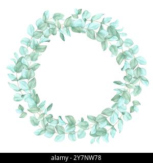 Struttura ovale realizzata con delicati rami verdi di eucalipto che circondano un centro vuoto. Cornice clipart acquerello, adatta per loghi, inviti personalizzati o etichette di prodotti a tema botanico Foto Stock