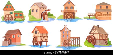 Mulini ad acqua per cartoni animati. Mulino ad acqua vecchio mulino in legno con ruota, energia del ruscello per la farina di orecchie macinate, agricoltura di storia della ruota ad acqua, imposta una chiara illustrazione vettoriale opere d'arte originali Illustrazione Vettoriale