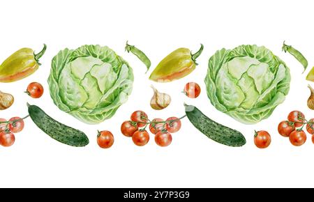 Verdure bordo senza cuciture, orizzontale. Cavolo, cetrioli, pomodori, cipolle, piselli. Illustrazione acquerello. Carta da imballaggio, tessuto, fodere, tessuto. Foto Stock