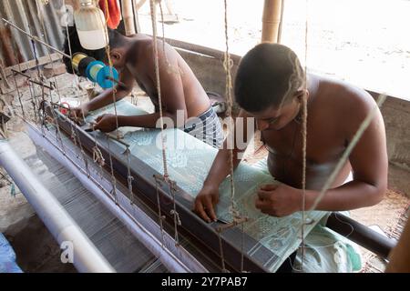 Narayanganj, Dacca, Bangladesh. 1 ottobre 2024. I tessitori fanno il sari Jamdani su un telaio a Narayanganj, Bangladesh. Jamdani è uno dei migliori tessuti in muslino del Bengala, prodotto nel distretto di Dhaka, Bangladesh per secoli. La produzione storica di jamdani fu patrocinata dai mandati imperiali degli imperatori moghul. Sotto il colonialismo britannico, le industrie bengalesi Jamdani e muslin diminuirono rapidamente a causa delle politiche di importazione coloniali che favorivano i tessili industriali. Negli ultimi anni, la produzione di Jamdani ha assistito a una ripresa in Bangladesh. Crediti: ZUMA Press, Inc./Alam Foto Stock