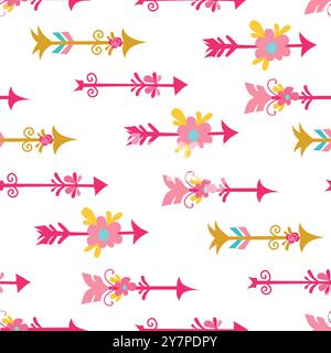 Motivo senza cuciture con elementi romantici. Frecce, fiori, cuori. Carta da imballaggio, design per San Valentino. Ottimo per tessuti, tessuti, articoli da regalo, pareti Illustrazione Vettoriale
