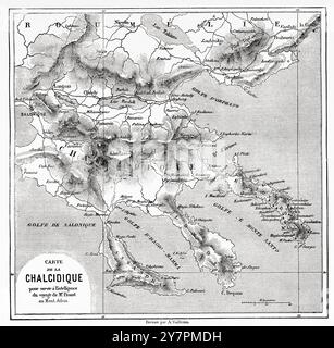 Cartina della Calcidica per aiutare Proust nel suo viaggio verso il Monte Athos. Grecia. Viaggio al Monte Athos, 1858 di Antonin Proust (1832-1905) le Tour du Monde 1860 Foto Stock