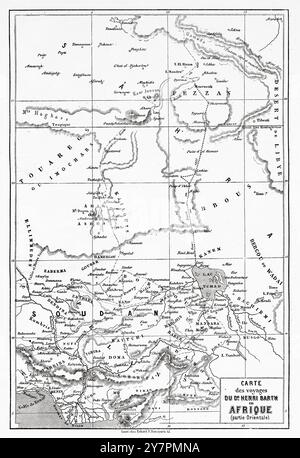 Vecchia mappa dell'Africa orientale usata dall'esploratore Heinrich Barth. Africa. Viaggi e scoperte nell'Africa settentrionale e centrale, 1849-1855 di Heinrich Barth (1821-1865) le Tour du Monde 1860 Foto Stock